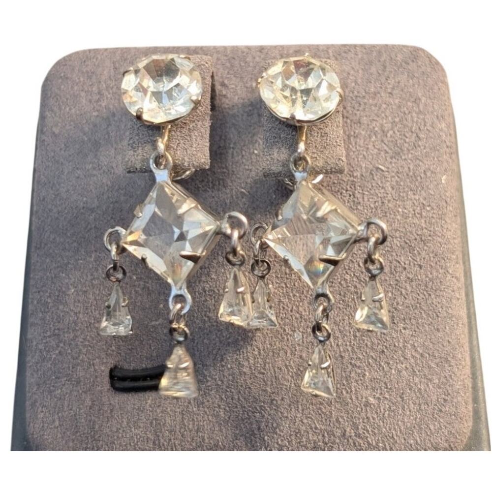 Vintage/Antique Dorsons 12K GF Silver Tone Crystal Dangle Screw Back Earrings